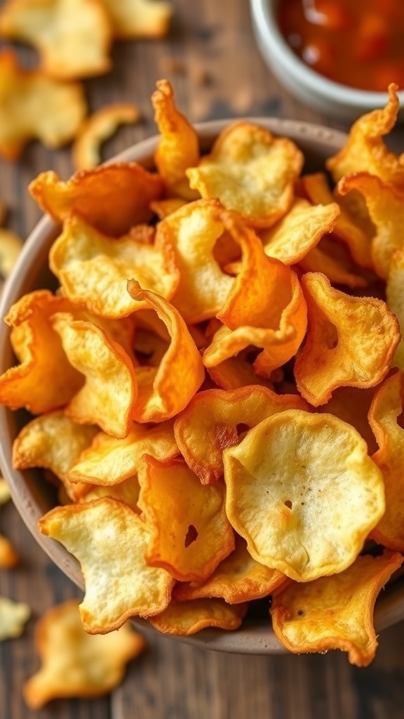 A bowl of crispy onion chips on a wooden table with a dipping sauce.